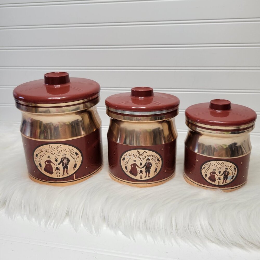 VTG Kromex Rare Copper Country Aluminum Nesting Canister Set of 3 - 1950’s